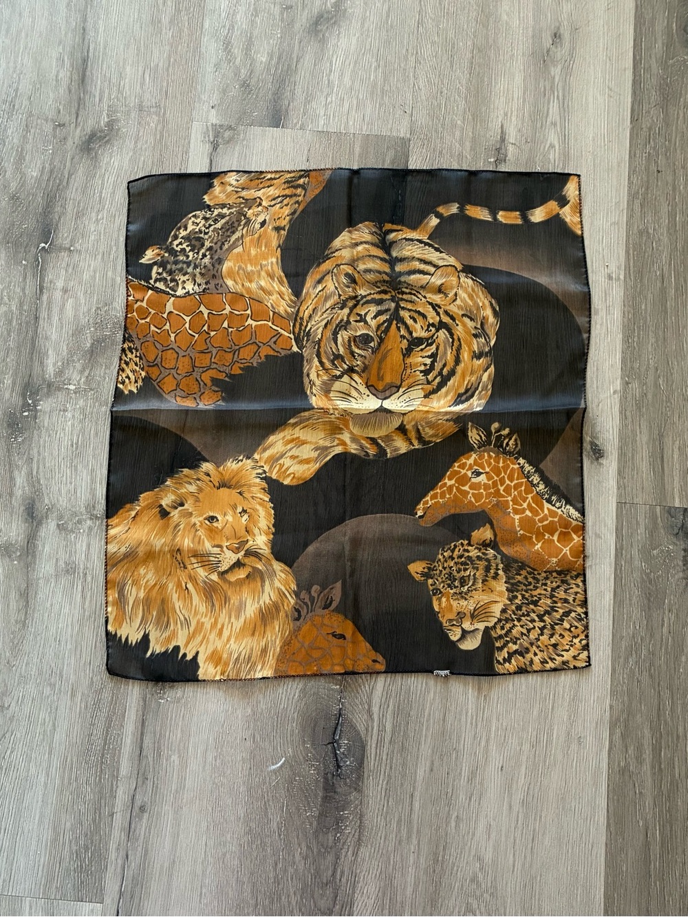 Vintage Style Safari Animal Scarf Tiger Lion Leopard Giraffe Black 20” Square